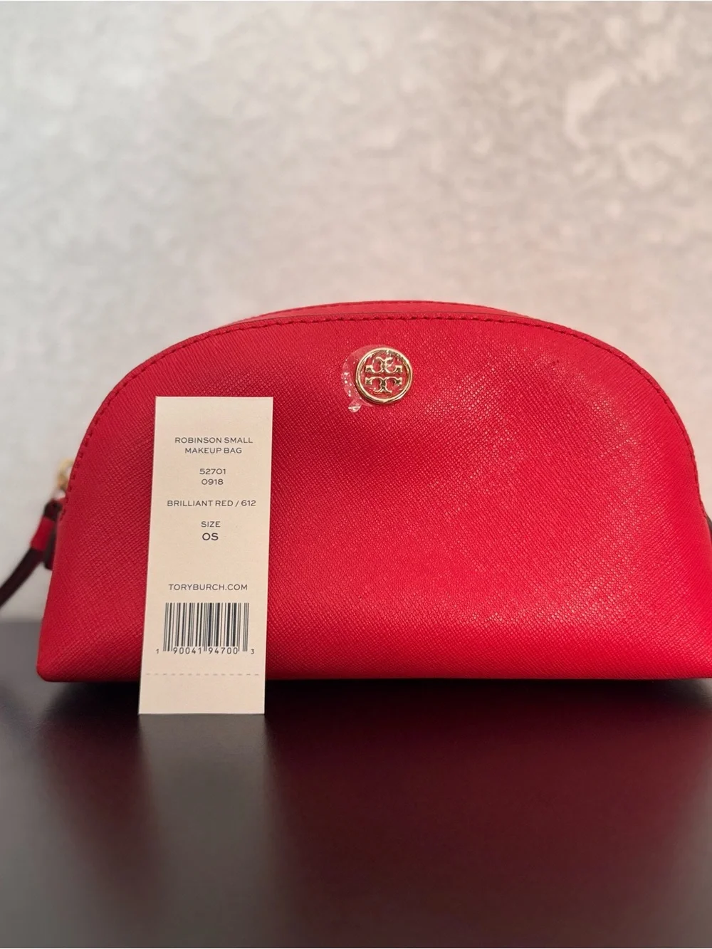 Tory Burch Coral-Red Saffiano Zip Cosmetic Pouch